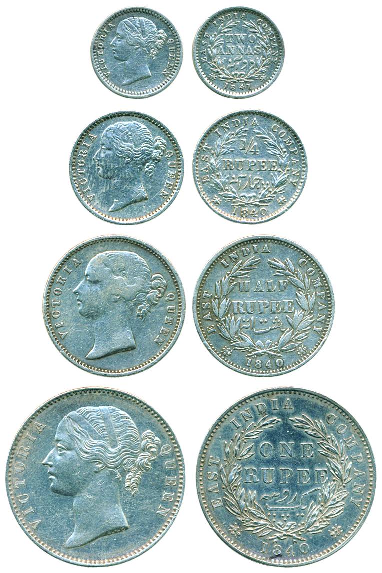 Victoria Queen, Divided legend, Silver, Rupee, ½ Rupee, ¼ Rupee and 2 Annas, 1840-1841. Ab