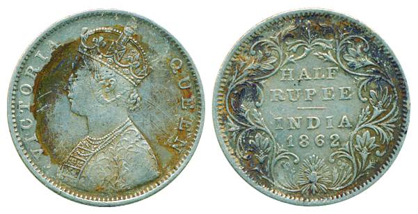 Victoria Queen, Silver, Rupee, ½ Rupee, 1862, C/II. About Very Fine, Rare.