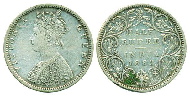 Victoria Queen, Silver, ½ Rupee, 1862, Bombay mint, B2/II (Pridmore# 259). Ex-mount, About