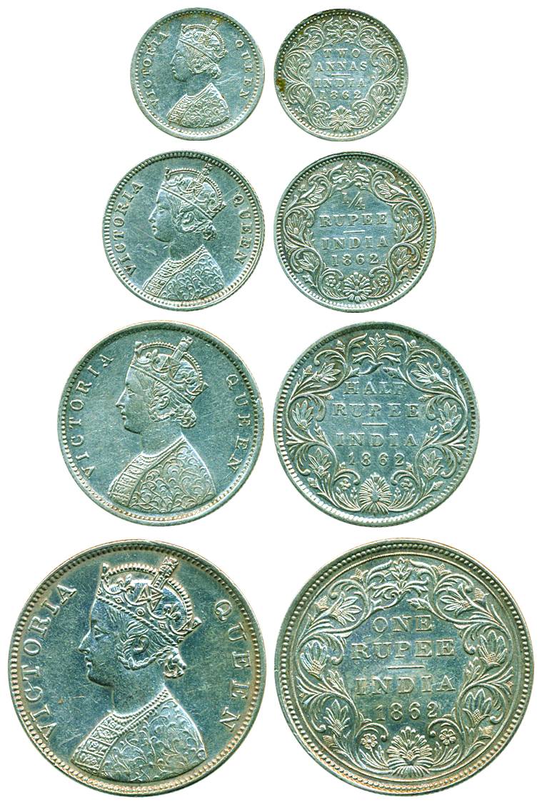 Victoria Queen, Silver, Rupee, ½ Rupee, ¼ Rupee and 2 Annas, 1862. Very Fine to Extremely 