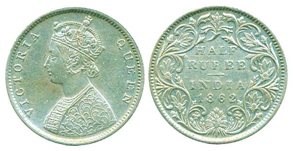 Victoria Queen, Silver, ½ Rupee, 1862, B1/II (Pridmore# 258). Extremely Fine, Scarce.