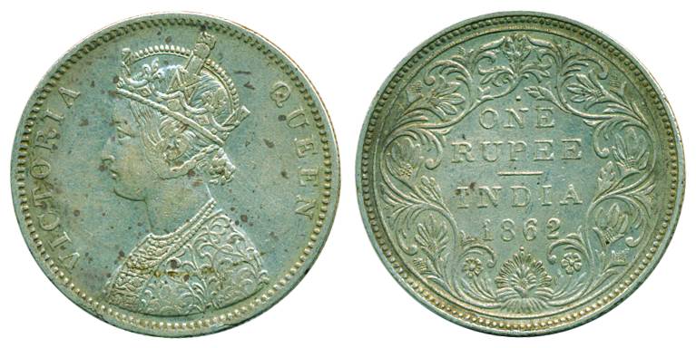Victoria Queen, Silver, Rupee, 1862, Bombay mint, A/II/1/1, with crescent) Pridmore 99). V