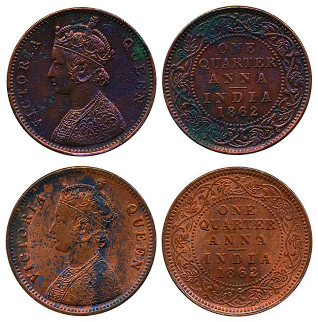 Victoria Queen, Copper (2), ¼ Anna, 1862, Calcutta mint, A/I (Pridmore# 601). Extremely Fi