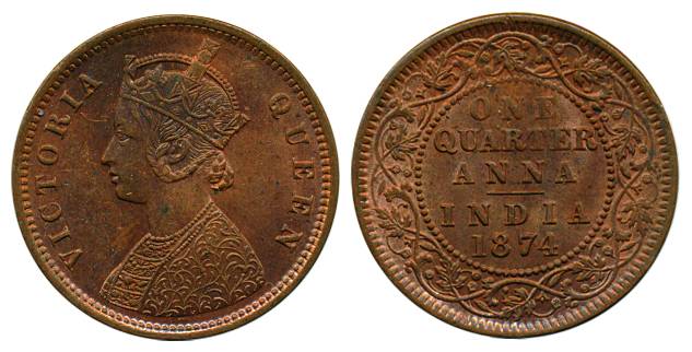 Victoria Queen, Copper, ¼ Anna, Calcutta Mint, 1874, B/II (Pridmore# 608). UNC, Scarce.