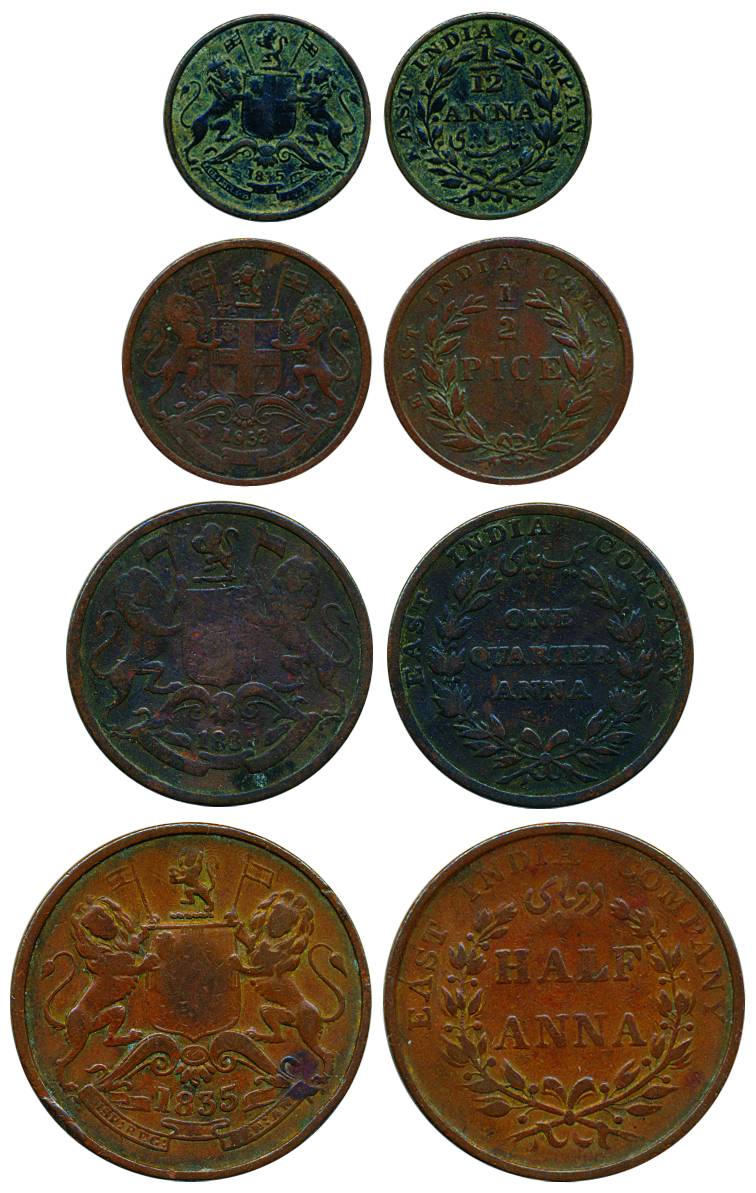 Copper (4), ½ Anna, ¼ Anna, ½ Pice and 1/12 Anna, 1835, 1835,1853, and 1835. Very Fine, Sc