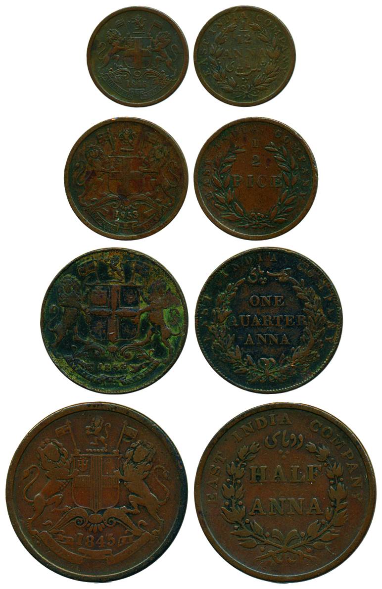 Copper (4), ½ Anna, ¼ Anna, ½ Pice and 1/12 Anna, 1845, 1858,1853, and 1848. Very Fine, Sc