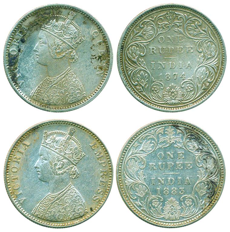 Victoria Queen and Empress, Silver (2), Rupee, Bombay mint, 1874, A2/II/no dot and 1883, A