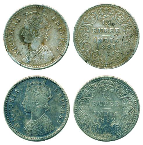 Victoria Empress, Silver (2), ¼ Rupee, Bombay mint, 1881, A/II/dot and 1882, B/II/dot (Pri
