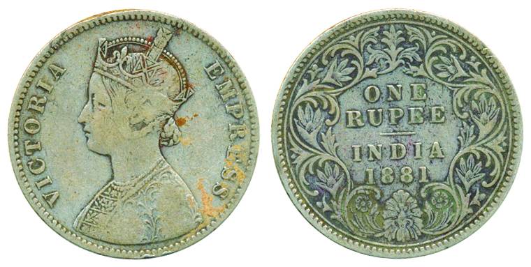 Victoria Empress, Silver, Rupee, 1881, Calcutta mint, A1/I/C incused (Pridmore# 119). Fine