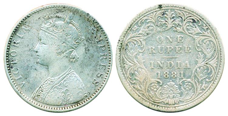 Victoria Empress, Silver, Rupee, 1881, Bombay mint, A3/I/dot &nbsp;(Pridmore# 158).Fine, S