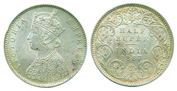 Victoria Empress, Silver, ½ Rupee, Calcutta mint, 1887, A/I/C incused (Pridmore# 271). Abo