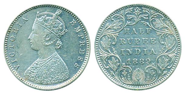 Victoria Empress, Silver, ½ Rupee, Bombay mint, 1889, A/II/B raised (Pridmore# 299). Very 
