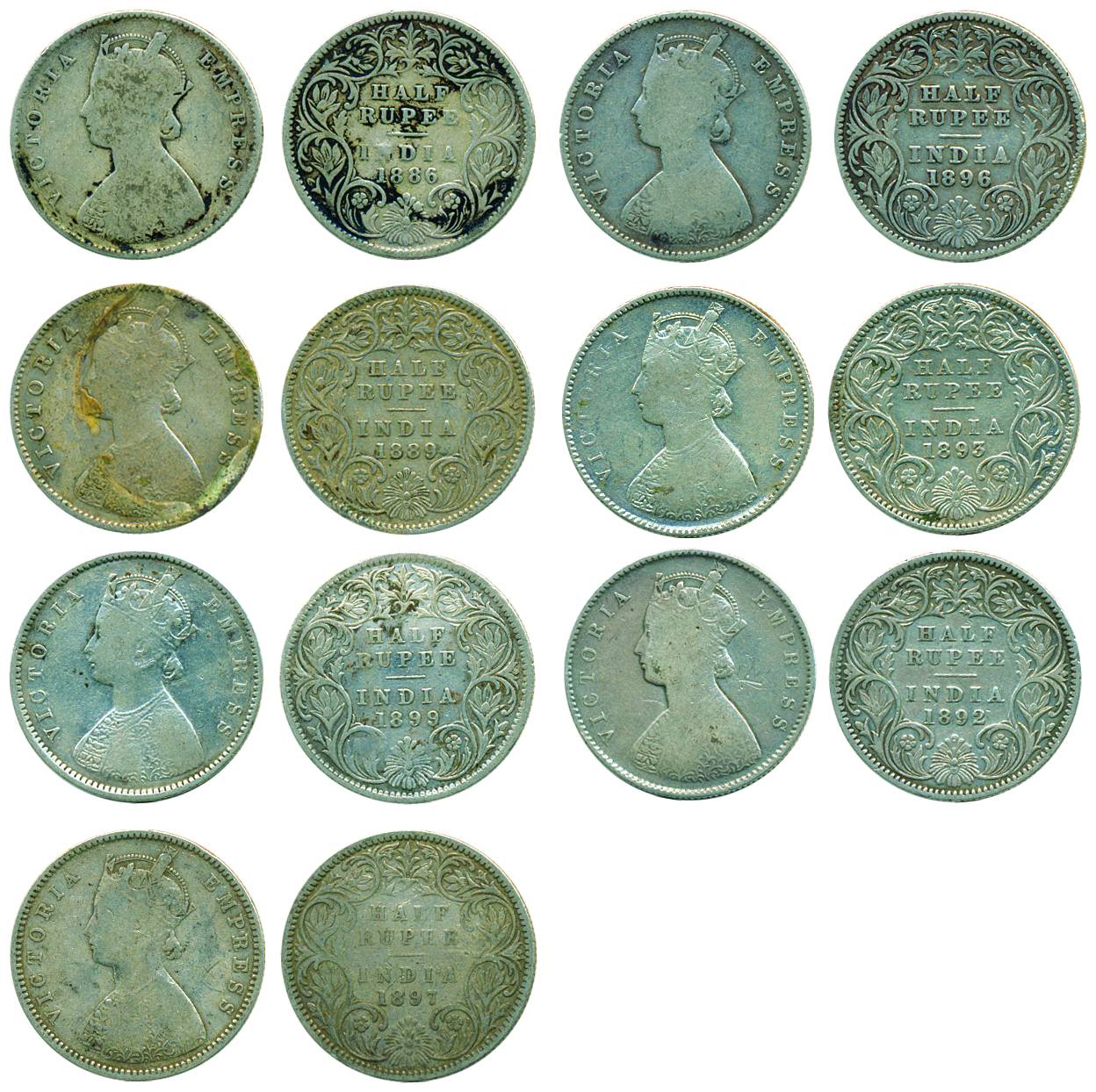 Victoria Empress, Silver (7), ½ Rupee, 1886, 1889, 1892, 1893 and 1896. All Calcutta mint,