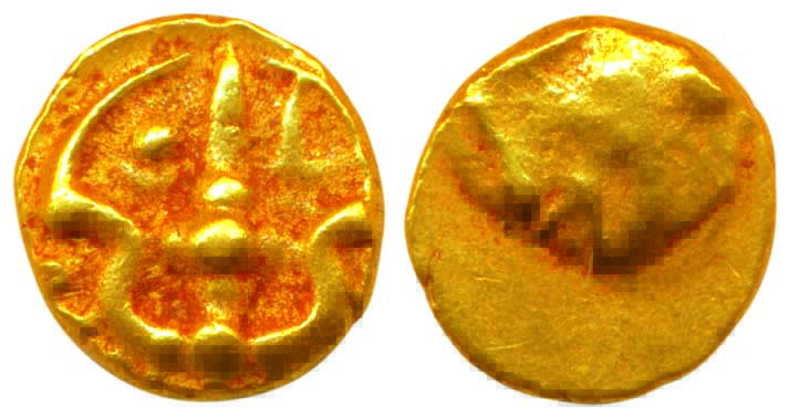 Shilaharas, Gold, 0.77 g, Double Fanam, an ornate trident on obv, globule-like motif on re