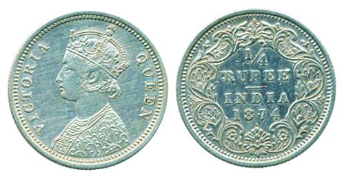 Victoria Empress, Silver, ¼ Rupee, Bombay mint, 1874, A/I/ dot mark (Pridmore# 405). Extre