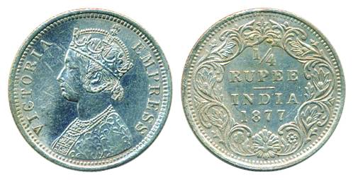 Victoria Empress, Silver, ¼ Rupee, Bombay mint, 1877, A/I/ dot mark (Pridmore# 408). Extre