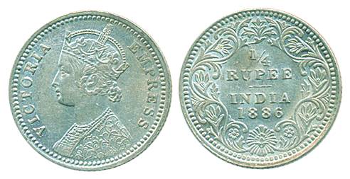 Victoria Empress, Silver, ¼ Rupee, Calcutta mint, 1886, C/II/ C incused (Pridmore# 391). A
