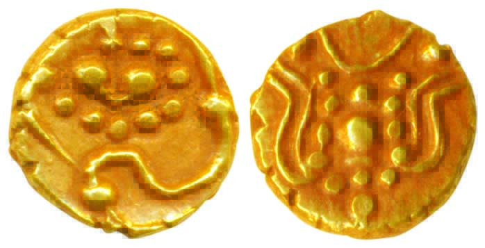Chalukyas, 10th century AD, Gold, 0.37 g, Fanam, a stylized lion on obv, motif on rev. Abo