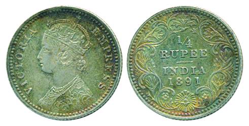 Victoria Empress, Silver, ¼ Rupee, Calcutta mint, 1891, C/II/ C incused (Pridmore# 396). A