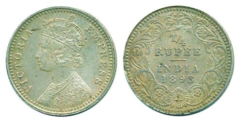 Victoria Empress, Silver, ¼ Rupee, Calcutta mint, 1898, C/II/ C incused (Pridmore# 402). A