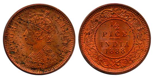 Victoria Empress, Copper, ½ Pice, Calcutta mint, 1888, Pridmore# 720. UNC, Rare.