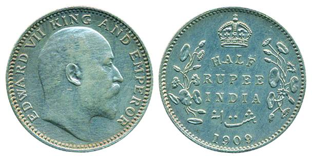 Edward VII, Silver, ½ Rupee, Calcutta mint, 1909, no mint mark (Pridmore# 313). Extremely 