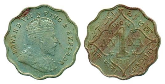 Edward VII, Cupro-Nickel, 1 Anna, Bombay mint, 1910, B incused (Pridmore# 929). Extremely 