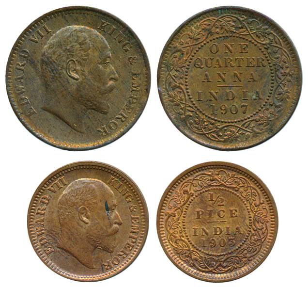 Edward VII, Copper, ¼ Anna and ½ Pice, Calcutta mint, 1907 and 1903 (Pridmore# 652, 735). 