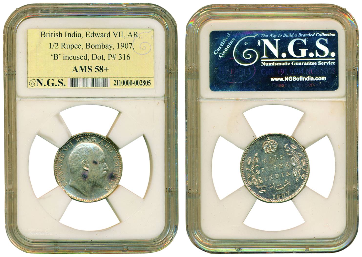 Edward VII, Silver, ½ Rupee, Bombay mint, 1907, B incused and dot, Graded and slabbed by t