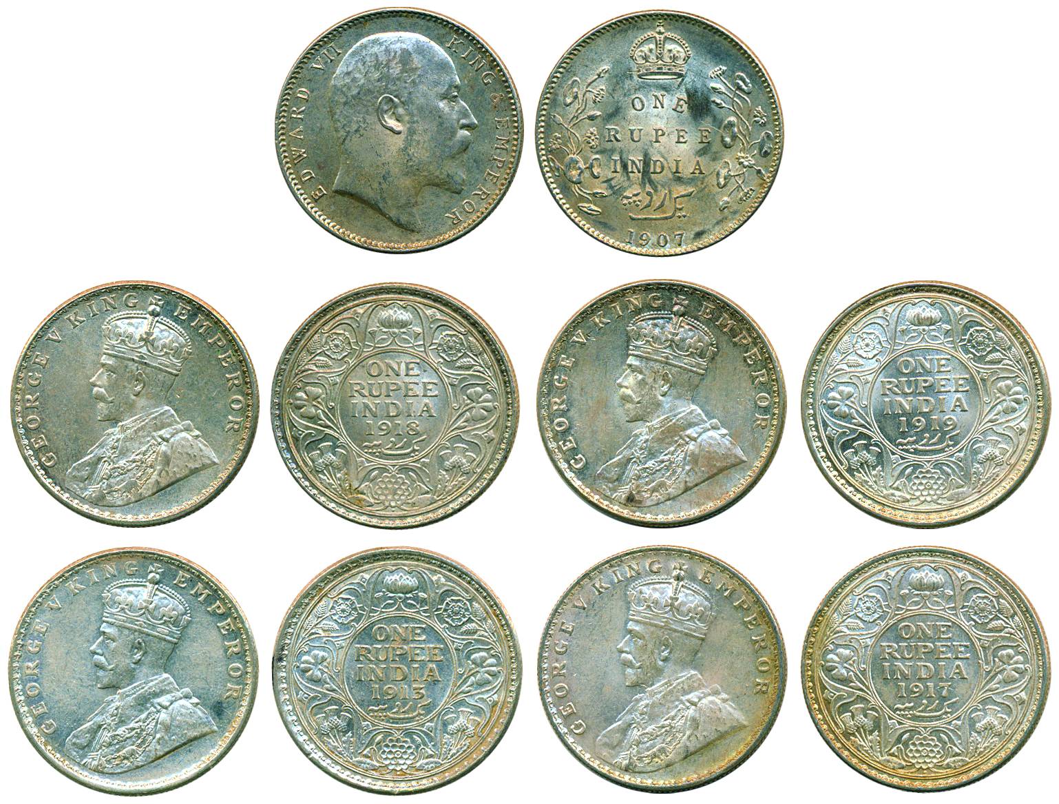 Edward VII and George V, Silver (5), Rupees, Calcutta mint, 1907; Bombay mint, 1913, 1917 