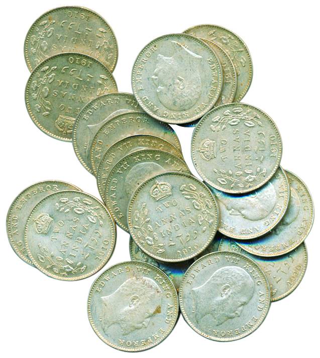 Edward VII, Silver, 2 Annas (20), Bombay mint, 1910, dot. Unlisted. About UNC, Rare. 20 co