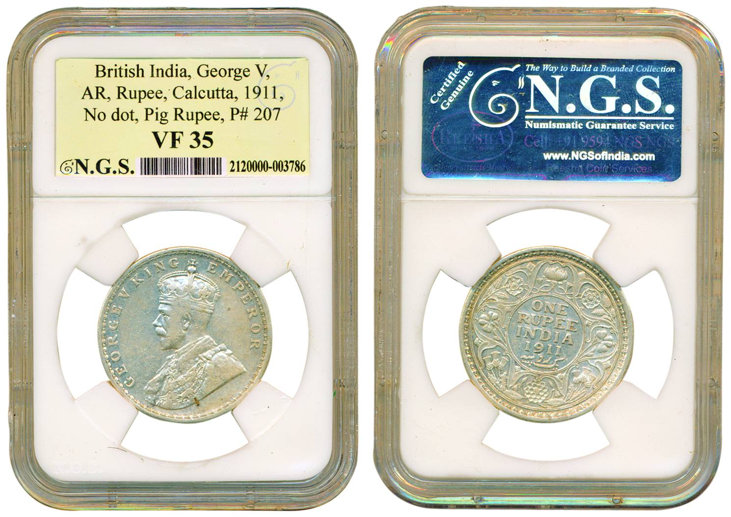 George V, Silver, Pig Rupee, 1911, Calcutta mint, no dot, Pridmore# 207. Graded and slabbe