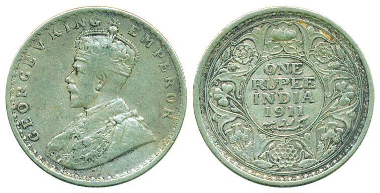 George V, Silver, Pig Rupee, 1911, Calcutta mint, no dot, Pridmore# 207. Very Fine, Scarce