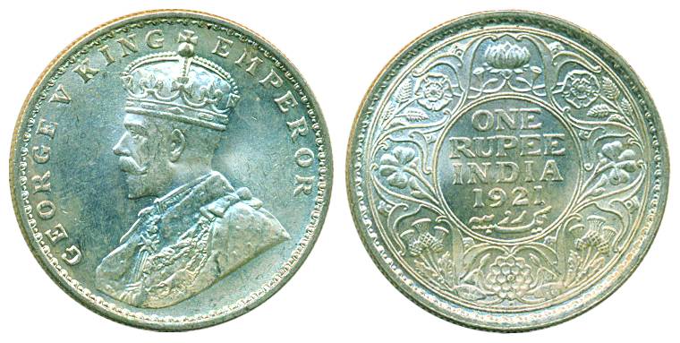 George V, Silver, Rupee, 1921, Bombay mint, dot mint mark (Pridmore# 227). UNC, Rare.