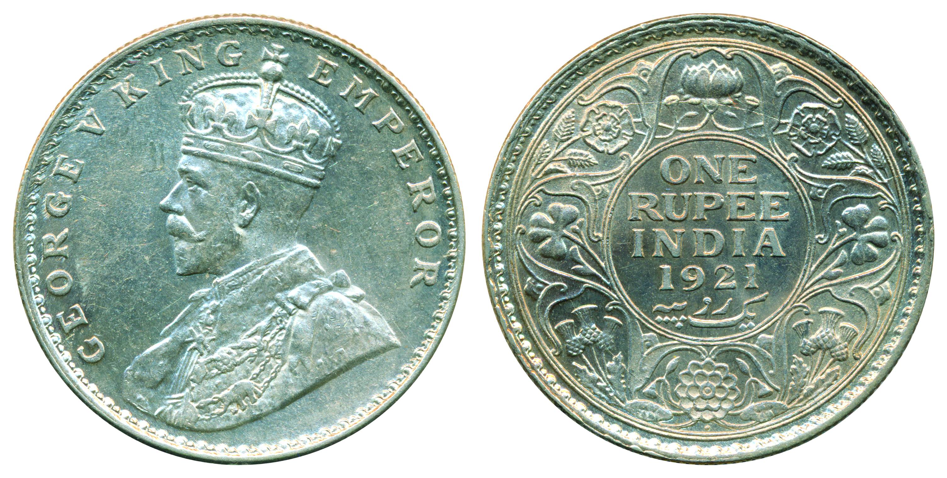 George V, Silver, Rupee, 1921, Bombay mint, Dot mint mark (Pridmore# 227). About UNC, Scar