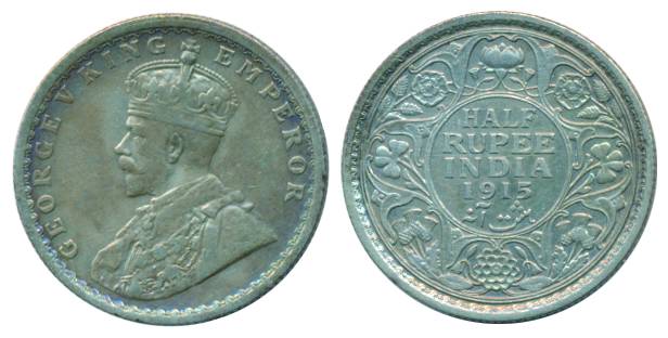 George V, Silver, ½ Rupee, Calcutta mint, 1915, no dot (Pridmore# 322). Very Fine, Scarce