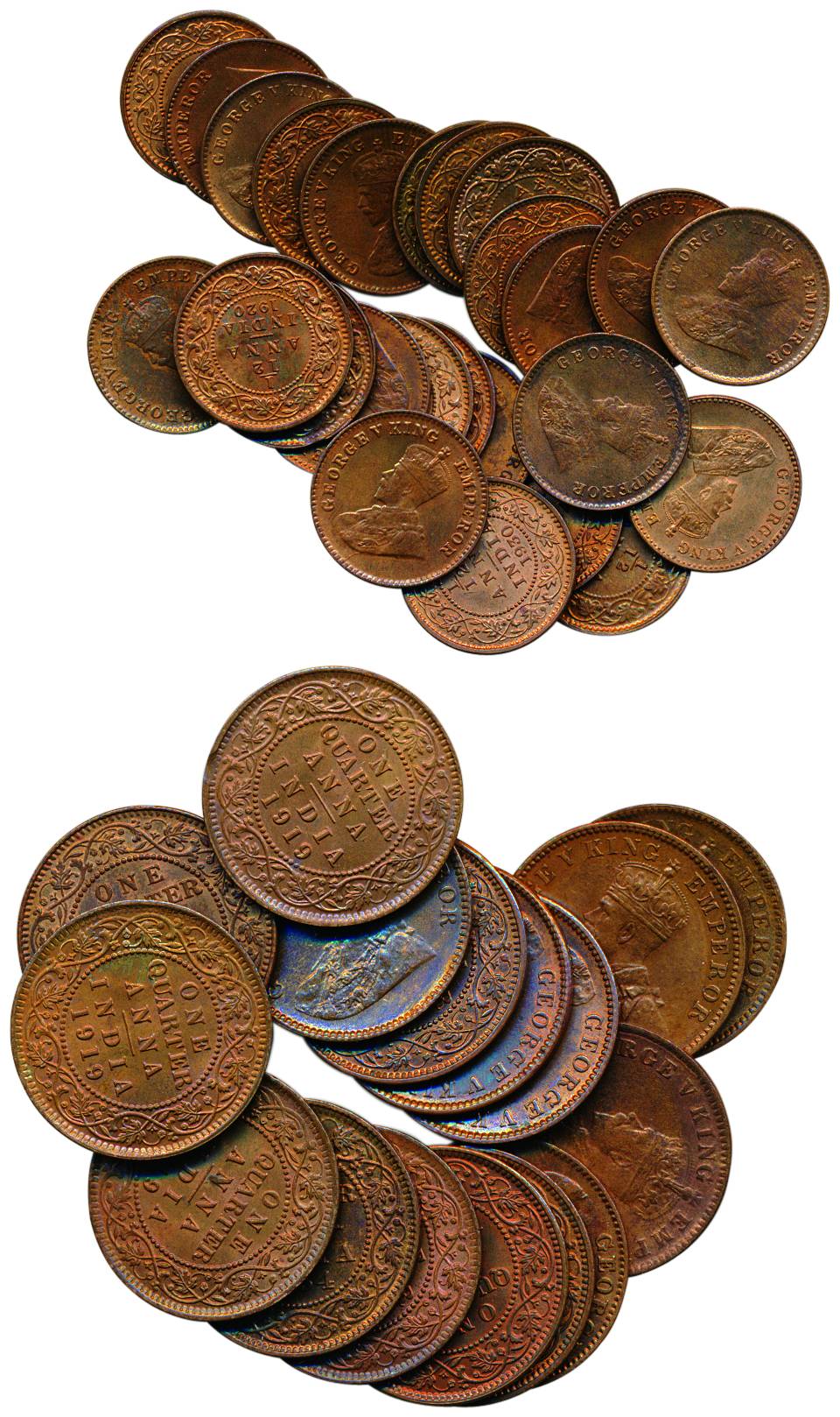 George V, Copper (41), ¼ Anna and 1/12 Anna, 1919 (5), 1934, 1935 (3), 1936 (5), 1936 (2);