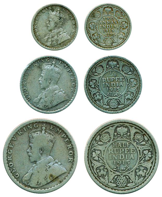George V, Silver, ½ Rupee, ¼ Rupee and 2 Annas, 1915. Fine to Fine+, Scarce as a set of 3.