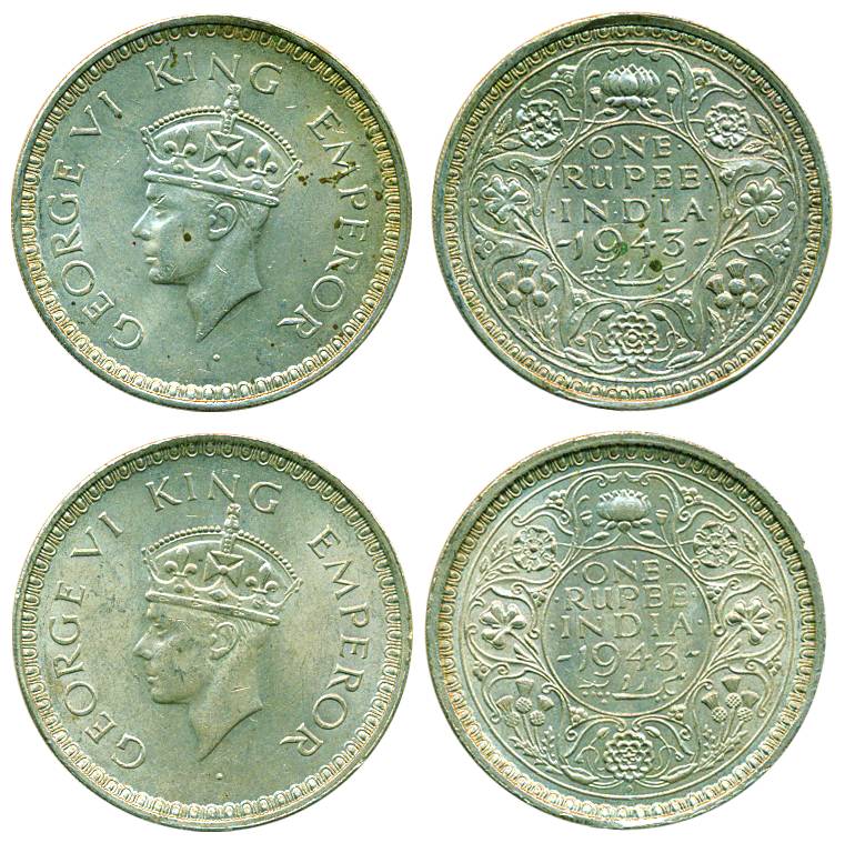 George VI, Silver (2), Rupee, 1943, Bombay mint, C/I(a)/diamond (Small 3), and C/II/diamon