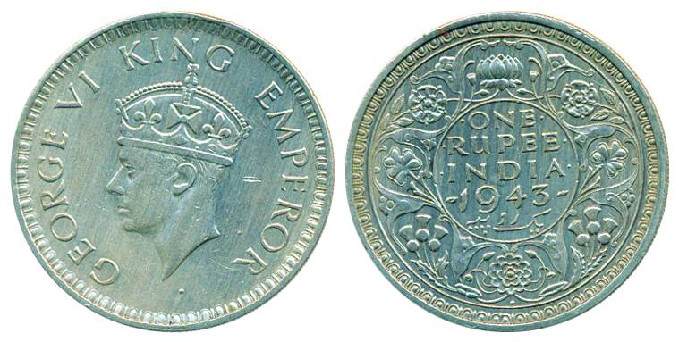 George VI, Silver, Rupee, 1943, Bombay mint, Large Head (Pridmore# 242). Very Fine+, Scarc