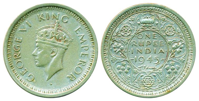 George VI, Silver, Rupee, 1945 with the Large 5 type, Bombay mint. Very Fine, Rare.