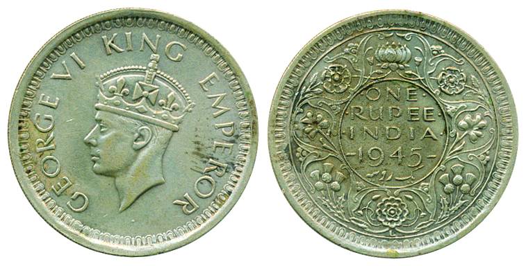 George VI, Silver, Rupee, 1945 with the Large 5 type, Lahore mint. Very Fine+, Rare.
