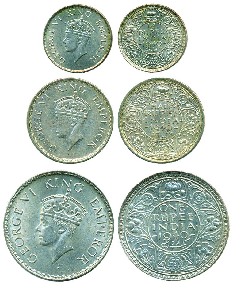 George VI, Silver (3), Rupee, ½ Rupee and ¼ Rupee, 1940, Head Type II. Very Fine to Extrem
