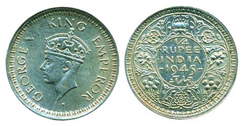 George VI, Silver, ¼ Rupee, 1945, Bombay mint,Large 5 (Pridmore# 470). About Extremely Fin