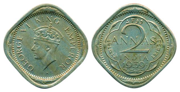 George VI, Cupro-Nickel, 2 Annas, Bombay mint, 1939, Head Type II (Pridmore# 914). About U