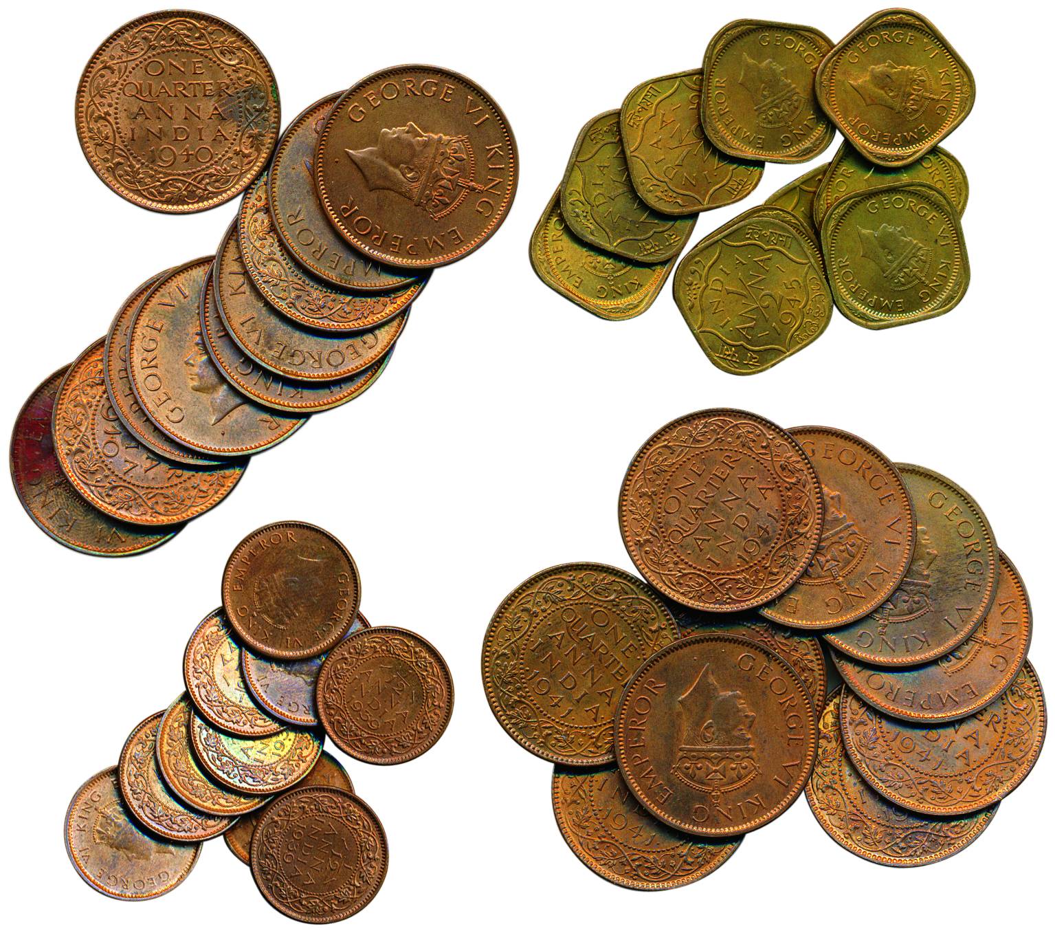 George VI, Nickel-brass and Copper (40), ½ Anna, ¼ Anna and 1/12 Anna, Calcutta mint, 1945