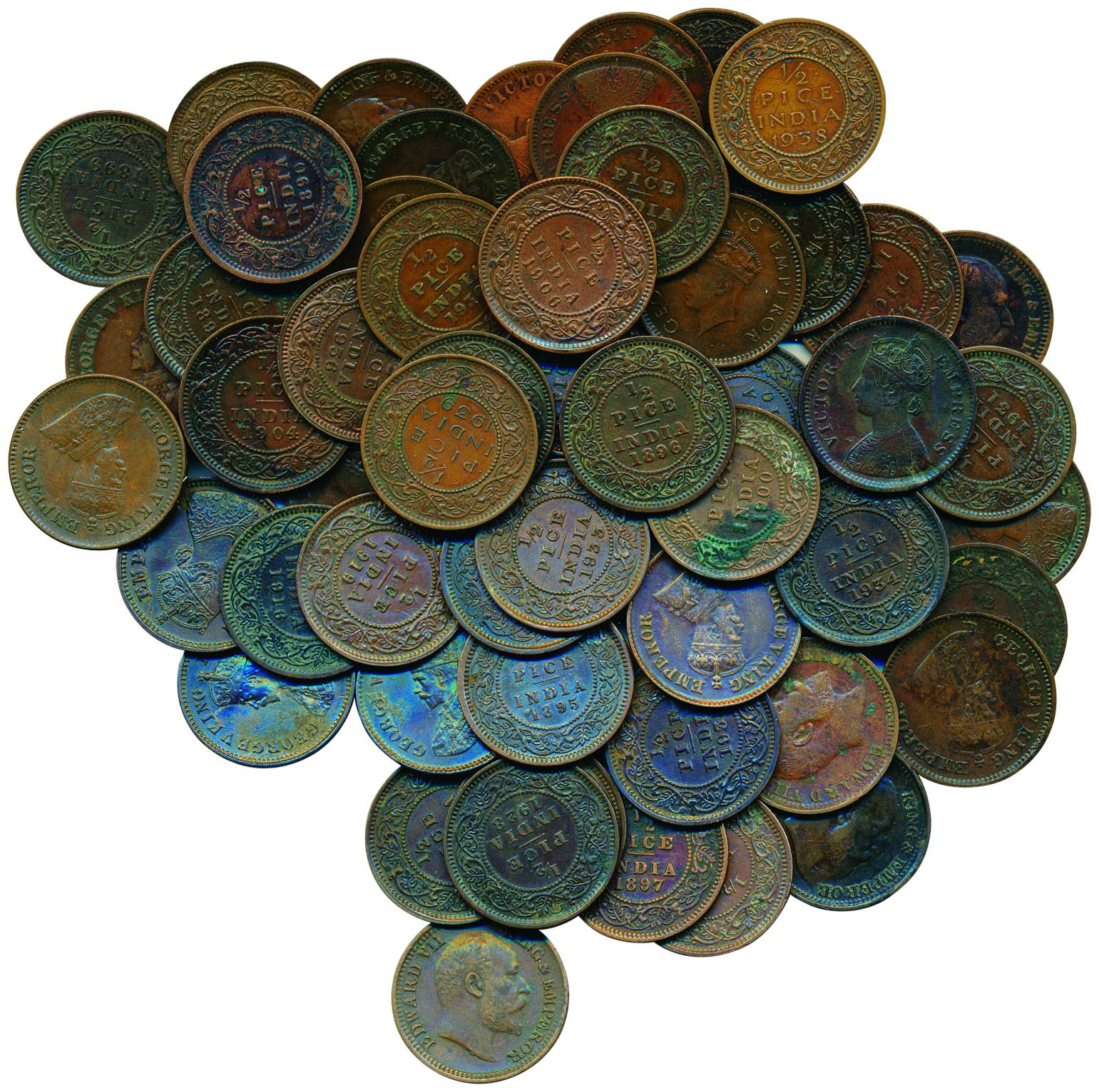 Complete Set of Copper, ½ Pice (54), Victoria Queen, 1862, Victoria Empress, 1885 to 1901,