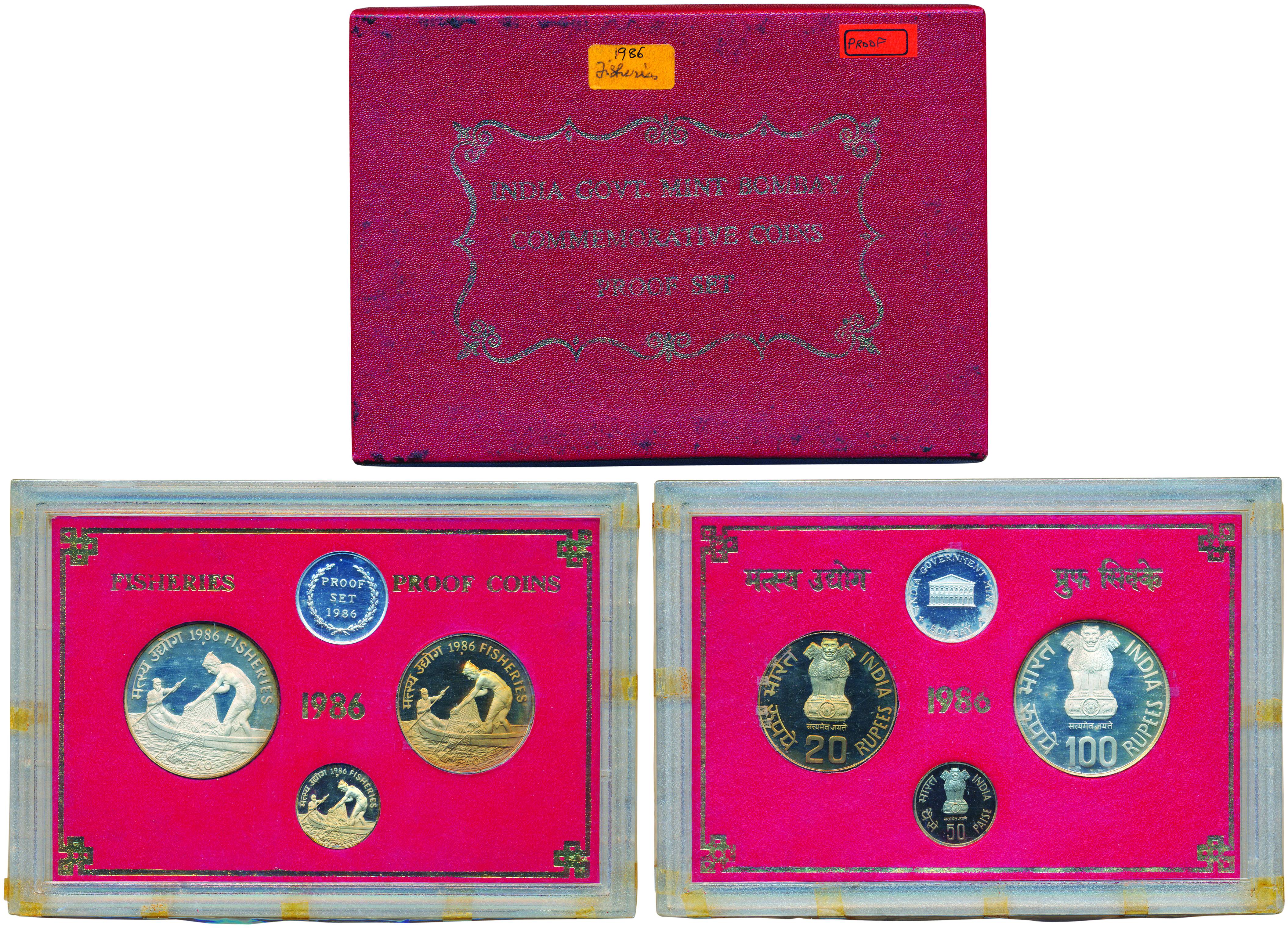 Proof Set of Fisheries, 1986, Set of 3 Coins: Rs. 100 & Rs. 20; & 50 Paise, Mumbai mint (R