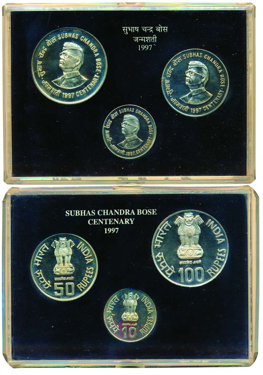 UNC Set of 1997, Netaji Subhas Chandra Bose (1897-1997), Set of 3 coins 100, 50 & 10 Rupee