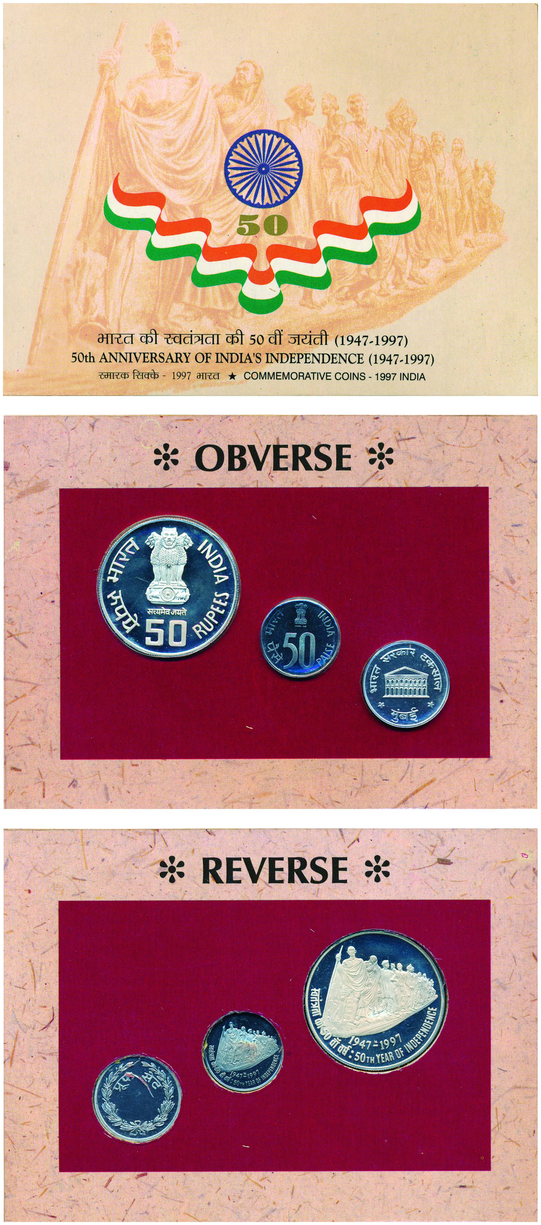 Proof Set of 1997, 50th Anniversary of India’s Independence (1947-1997), Set of 2 coins 50